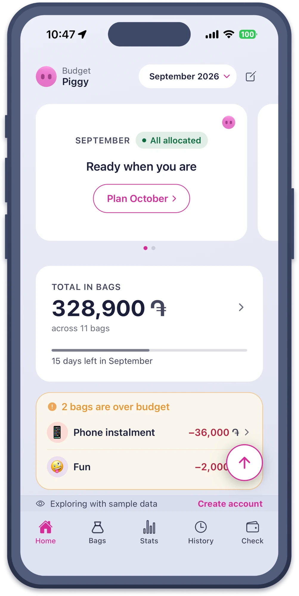 Piggy's home screen: September all allocated, 328,900 dram in 11 bags, two bags over budget