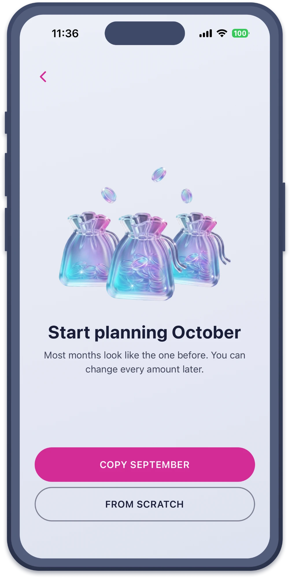 Start planning October: copy September's bags and amounts, or start from scratch
