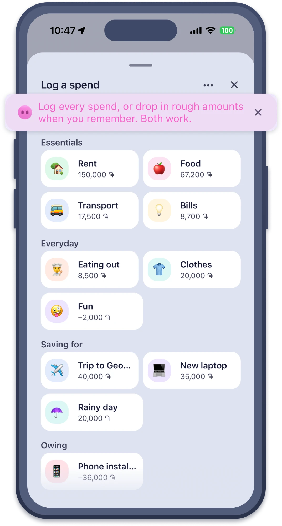 The log a spend sheet: bags grouped into essentials, everyday, saving for and owing, each showing what is left in it