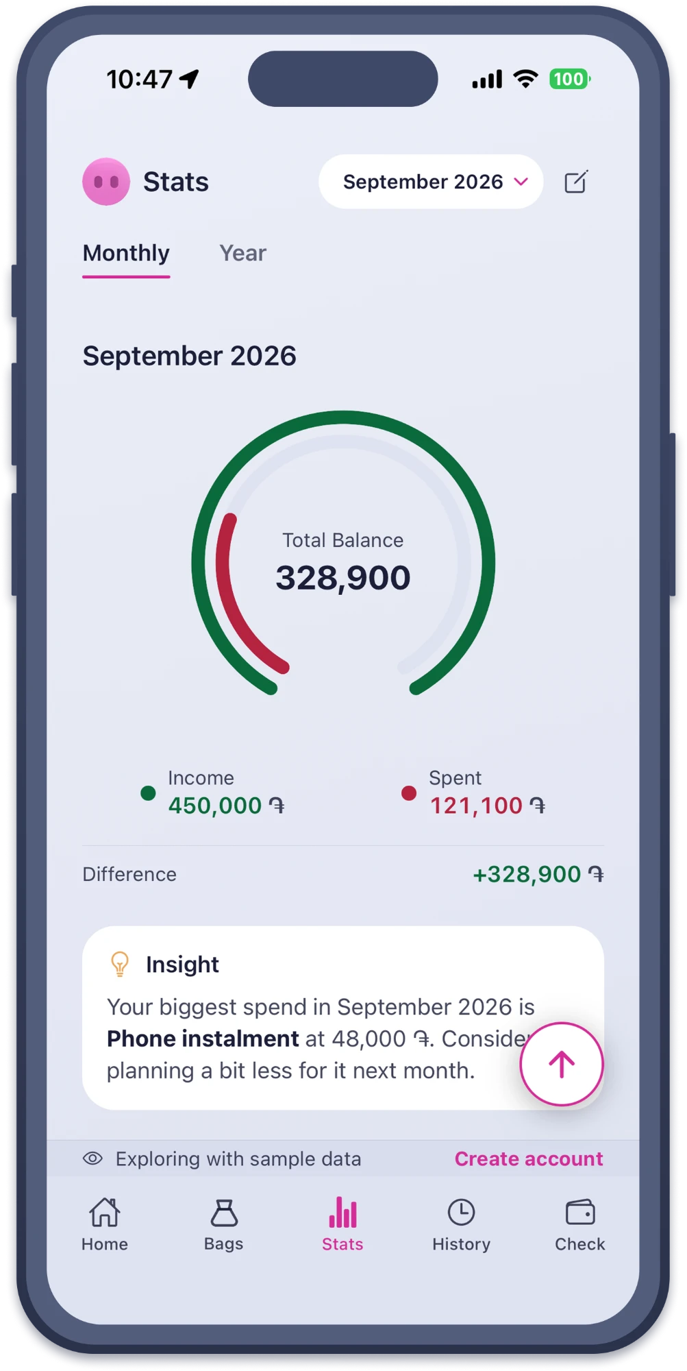Stats for September: 450,000 dram in, 121,100 spent, and an insight naming the phone instalment as the biggest spend